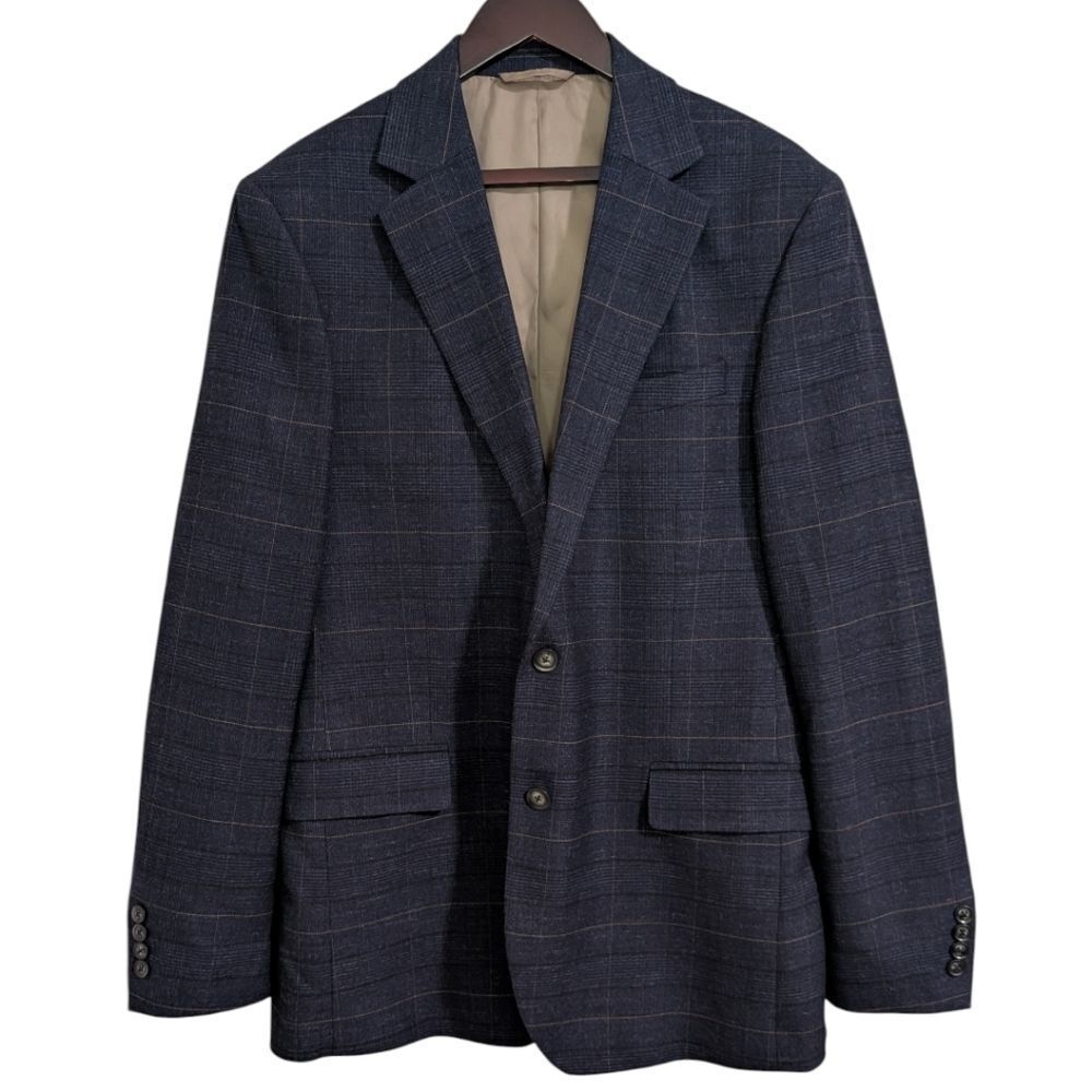 MOSS (Moss Bros) Navy Windowpane Plaid Blazer 44L Tailored Fit